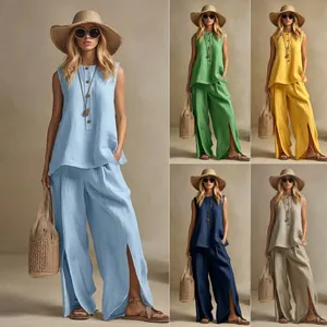 Women Elegant Linen Blend Sleeveless Top And Wide Leg Pants Outfit Solid Color Side Slit Casual Summer Vacation Commute Set
