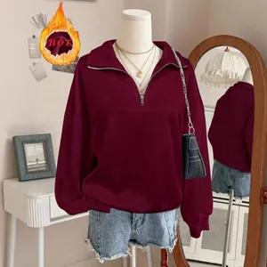 Felpa bordeaux da donna con mezza zip e calda fodera in pile per la stagione fredda