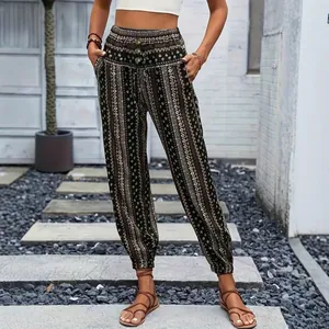 Pantalones jogger bohemios con estampado étnico, cintura alta elástica y ajuste holgado