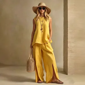Elegant yellow cotton linen sleeveless top and side-slit wide-leg pants two-piece set