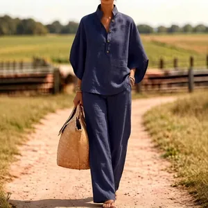 Casual donkerblauwe linnen tweeledige set voor dames met overhemd en wijde broek