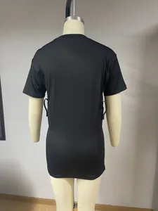 Back view detail of a black tactical high-elastic T-shirt with side holster straps on mannequin