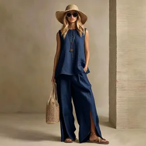 Casual navy blue sleeveless cotton linen two-piece set with wide-leg split pants