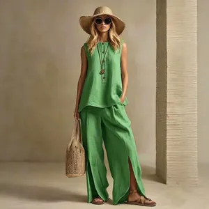 Green cotton linen sleeveless top and wide-leg trousers two-piece set for women
