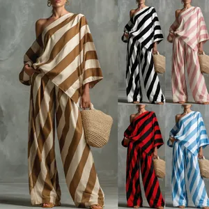 Schickes Retro-Streifen-Zweiteiler-Set mit schulterfreiem Oberteil und weiter Hose in mehreren Farben