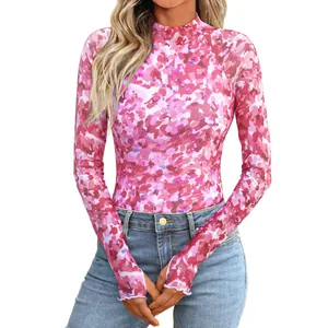 Camiseta de malla rosa floral de manga larga con agujeros para el pulgar para mujer