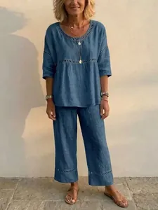Women's blue linen-blend two-piece set with eyelet lace details and casual loose fit