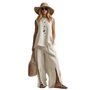 Chic summer cotton linen two-piece set featuring sleeveless button top and wide-leg pants