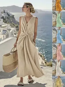 Elegant twisted V-neck sleeveless linen maxi dress with pockets in various colors