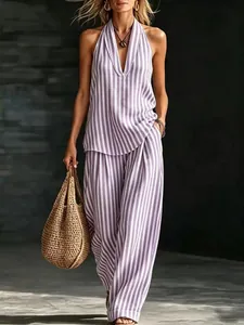 Elegante completo estivo a righe in lino con top all'americana e pantaloni larghi