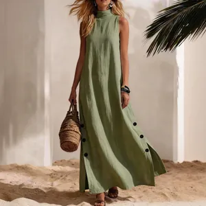 Sage green cotton linen sleeveless maxi dress with side slits for beach holiday wear.