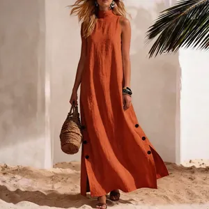 Elegant rust orange cotton linen sleeveless maxi dress with side slits for beach vacation