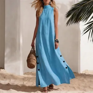 Sleeveless light blue cotton linen maxi dress with side buttons for beach vacation
