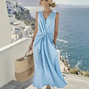 Light blue cotton linen V-neck sleeveless dress with twist waist and pockets