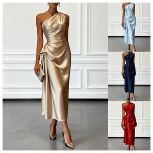 Elegant one-shoulder satin ruched evening dress in multiple colors with waist draping.
