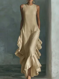 Elegant sleeveless round neck linen-style maxi dress featuring dramatic ruffle hem details