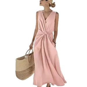 Elegant pink linen sleeveless V-neck maxi dress featuring twisted waist detail and pockets