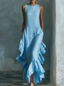 Elegant light blue sleeveless maxi dress with dramatic side ruffles texture detail