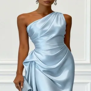 Elegant detail of light blue satin one-shoulder evening gown with pleated draping for party