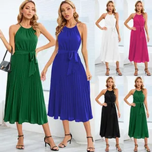 Vestido midi plisado sin mangas con cuello halter y lazo en la cintura en varios colores