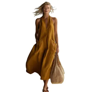 Robe midi vintage à col en V avec grandes poches plaquées pour les vacances d'été