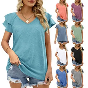 Camiseta de mujer con cuello en V y mangas con volantes en varios colores casual