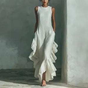 Women Elegant Ruffle Hem Maxi Dress Sleeveless Round Neck Solid Color Polyester Spandex Slim Fit Fashion Long Dresses For Party Vacation