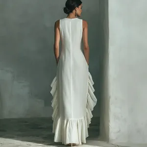 Elegant white sleeveless maxi dress with ruffled hem and minimalist back view design