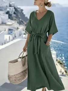 Elegant olive green casual short sleeve maxi dress with a waist tie and side pockets