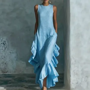 Elegant light blue sleeveless round neck maxi dress featuring a stylish ruffled hem design