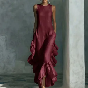 Elegant wine red sleeveless round neck dress with layered ruffled hemline for women