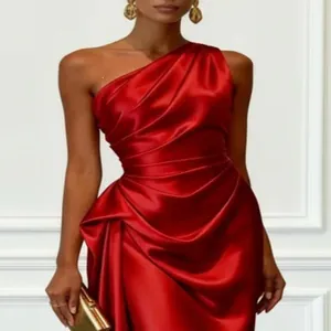 Elegant red one-shoulder satin evening gown featuring pleated draped waist detail.