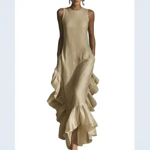 Elegant sleeveless round neck maxi dress with ruffled hem for a sophisticated look