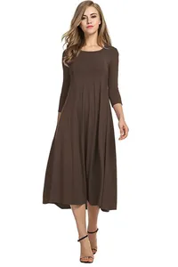 Élégante robe longue marron à manches longues avec jupe évasée en ligne A pour femme