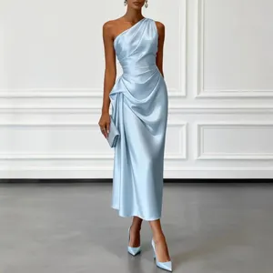 Elegant light blue one-shoulder ruched satin evening dress for formal banquet events