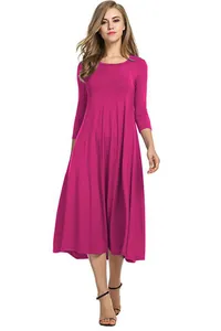 Élégante robe midi fuchsia à manches longues avec silhouette trapèze fluide pour l'automne