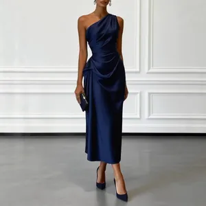 Elegant navy blue satin one-shoulder pleated evening dress for chic cocktail parties