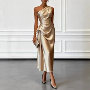 Elegant champagne satin one-shoulder evening gown with pleated waist detail for women