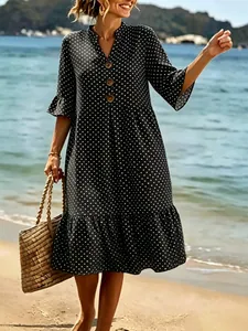 Women's V-neck polka dot dress with ruffle sleeves for casual summer beach vacation