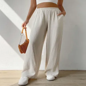 Casual off-white wide-leg pants with elastic waist and loose fit for women
