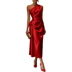 Elegant one-shoulder red satin evening dress with stylish pleated details for women