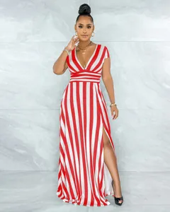 Full length view of a red and white striped maxi dress with deep V-neck and high slit