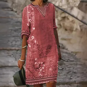 Bohemian vintage ethnic floral print V-neck casual midi dress with mid-length sleeves