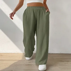 Womens casual olive green wide-leg lounge pants featuring elastic waist and side pockets
