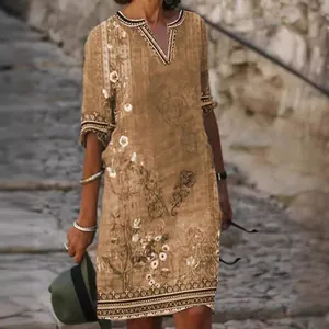Vintage bohemian ethnic print casual V-neck dress for women in earthy brown floral tones.