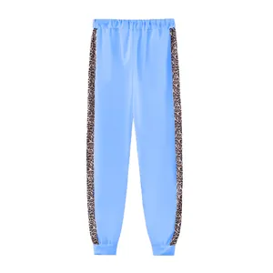 Pantaloni jogger blu acceso da donna con strisce laterali leopardate ed elastico in vita