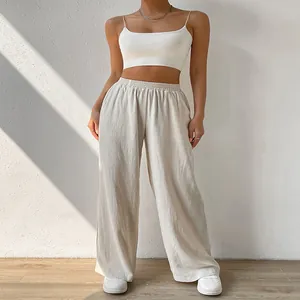Women Cotton Linen Blend Wide Leg Pants Casual Straight Long Trousers High Waist Loose Lounge Bottoms With Pockets