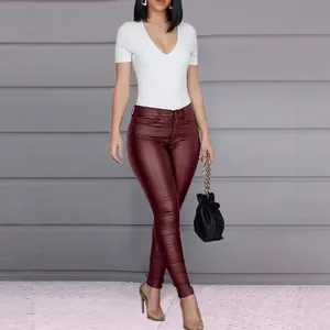 Eleganti pantaloni skinny in pelle PU bordeaux da donna a vita alta vestibilità slim