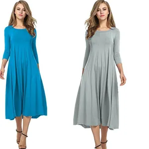 Élégante robe midi évasée à manches longues pour l'automne, couleurs bleu et gris uni