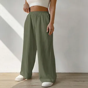 Stylish high-waisted wide leg lounge pants for women in solid olive green color